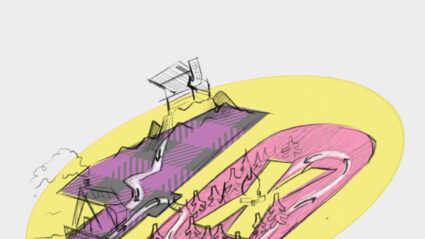 Abstract sketch of intertwined pink and purple paths with trees and structures on a yellow oval background.