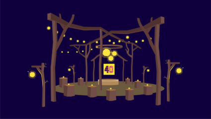 Night scene with glowing orbs, wooden structures, and a "48" sign.