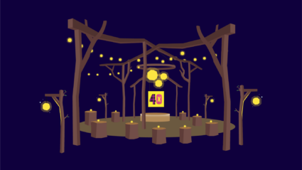Night scene with glowing orbs, wooden structures, and a "48" sign.