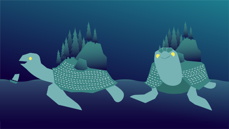 Two sea turtles with patterned shells glide through deep blue water, with silhouetted pine trees on distant hills.