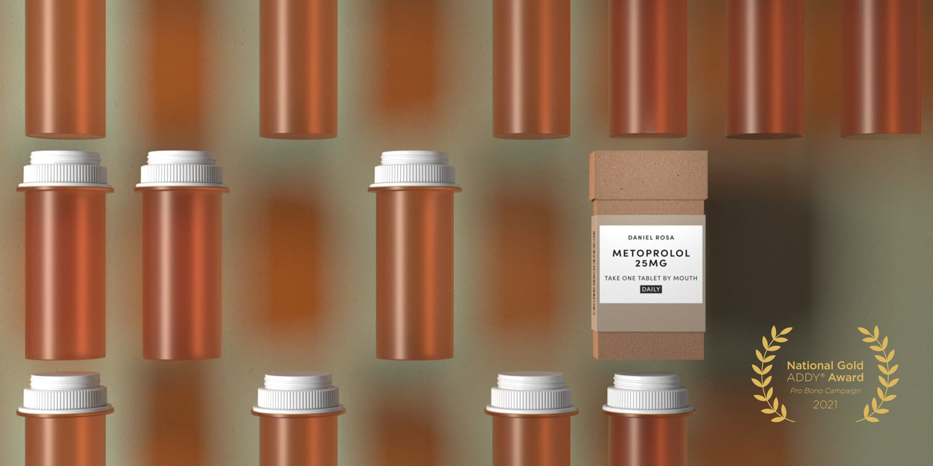 Medication packaging design with "Metoprolol 25mg" label and ADDY Award emblem