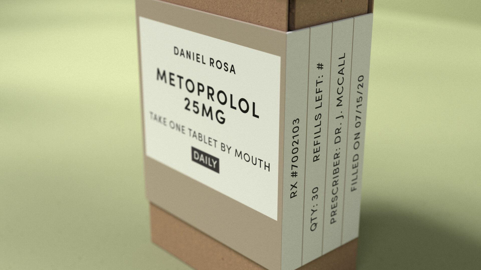 Medication box for Daniel Rosa, Metoprolol 25mg, daily dose
