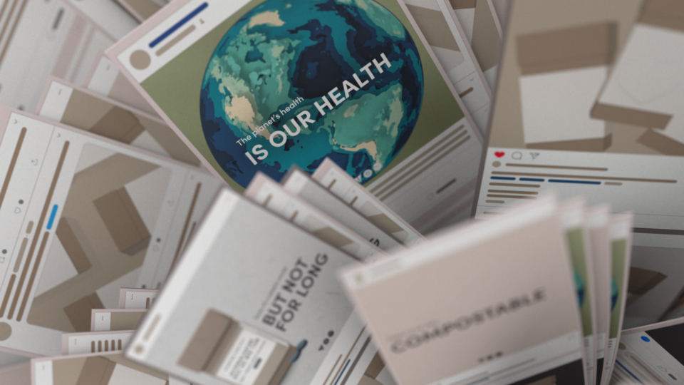 Books with "The planet's health is our health" and "But not for long" text visible