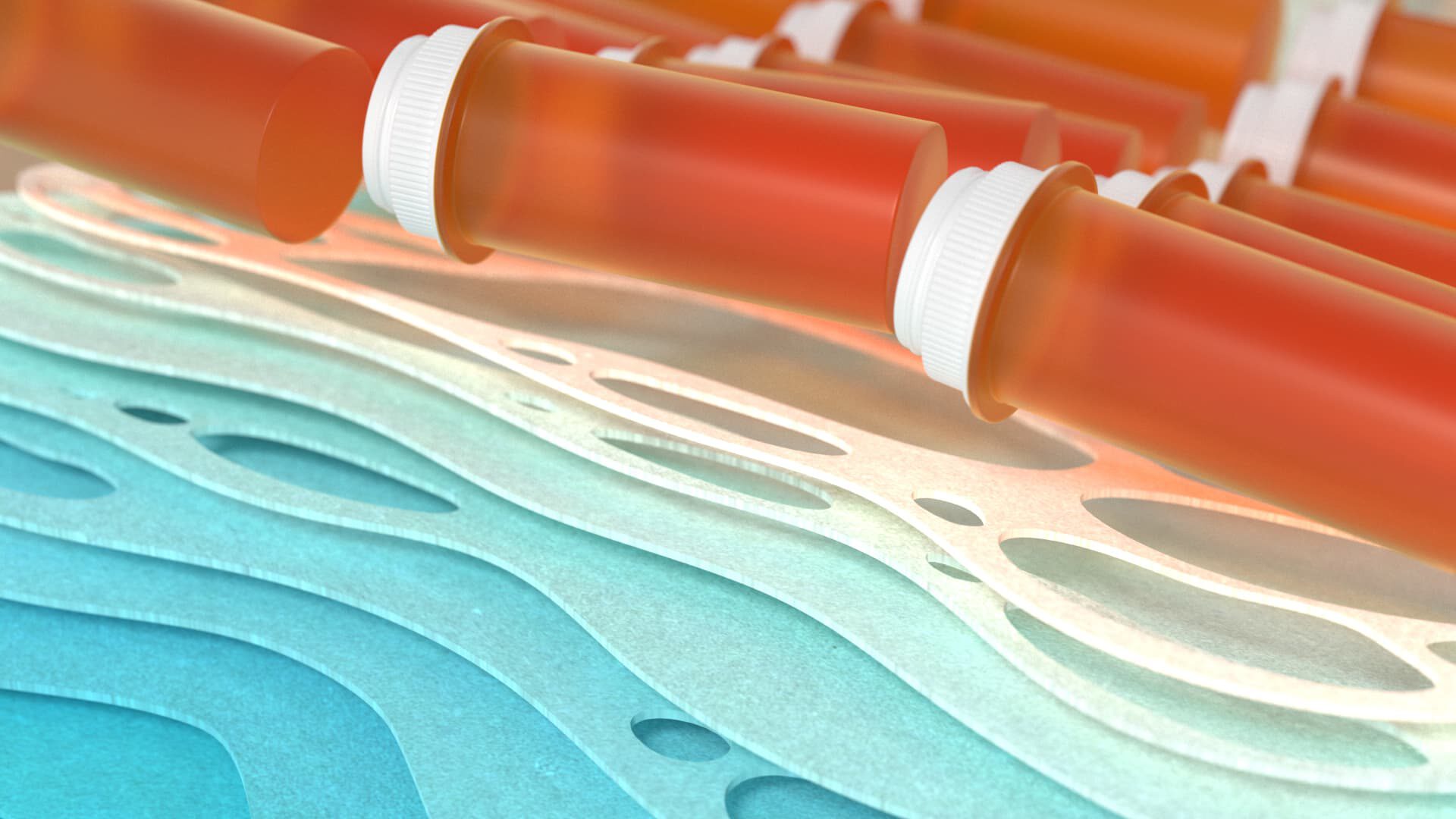 Orange pill bottles arranged diagonally over layered blue and white abstract background