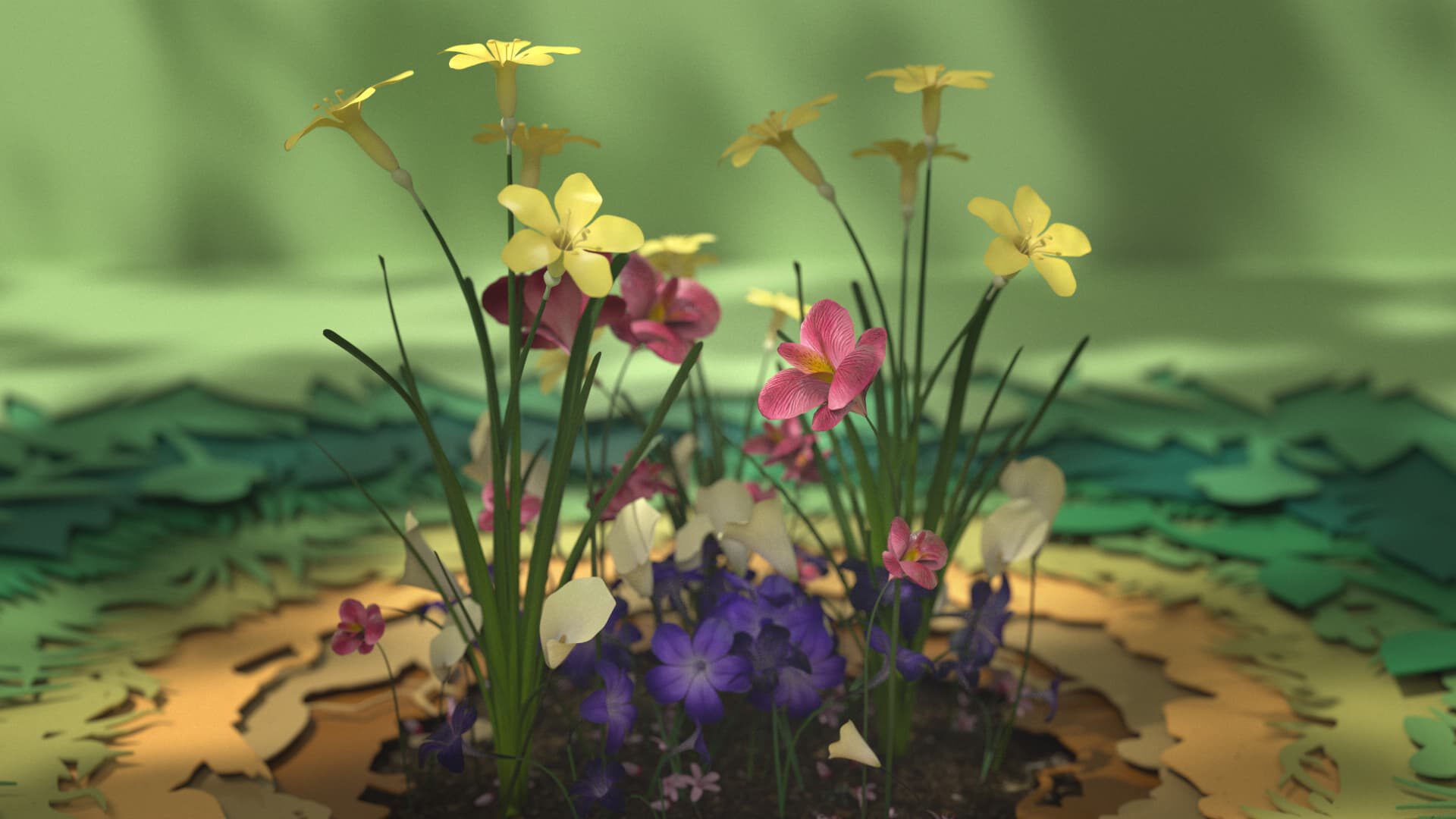 Vibrant paper-cut flowers in yellow, pink, and purple bloom against a layered green background.