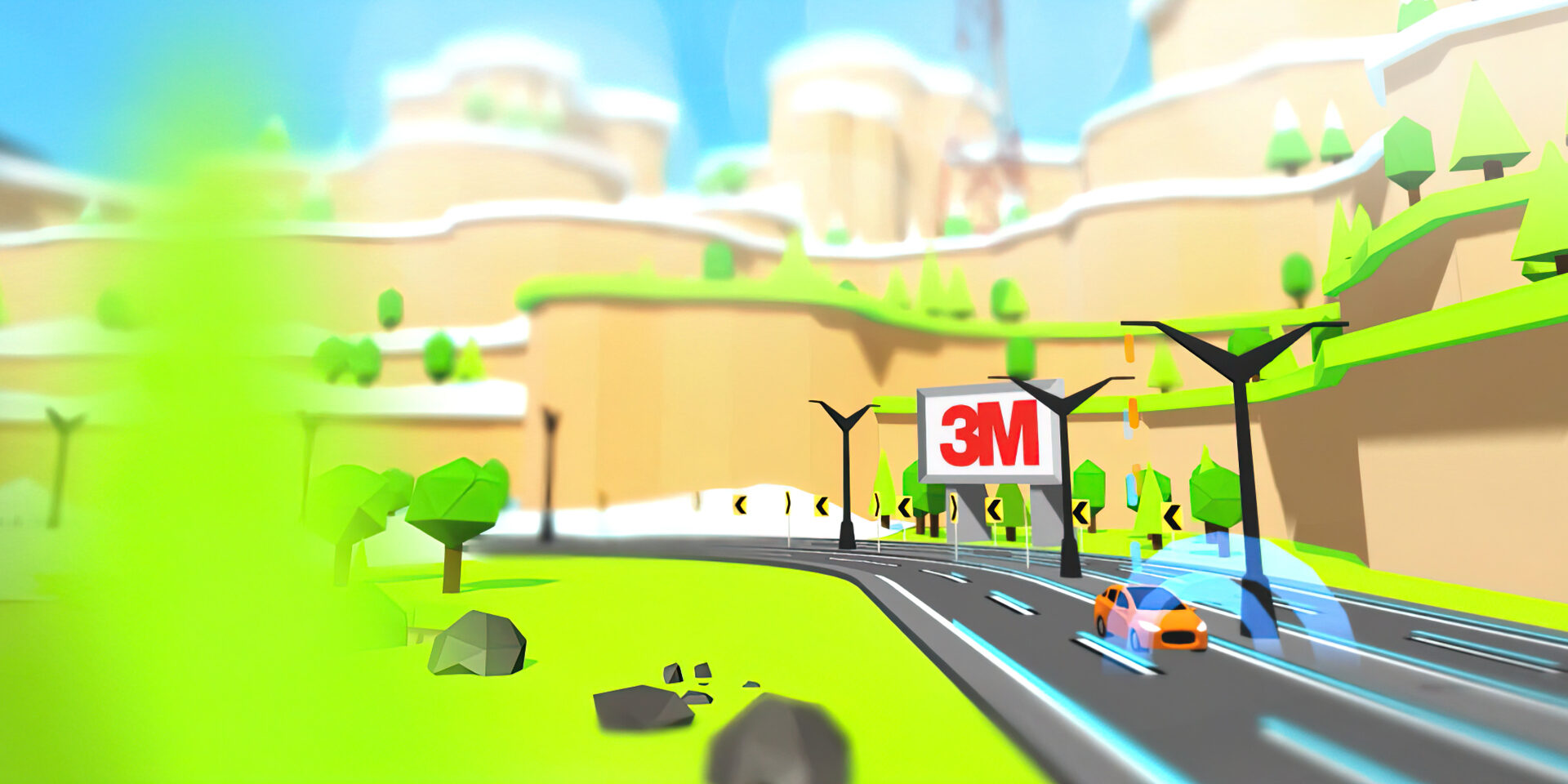 Car drives past 3M billboard on stylized road with green hills