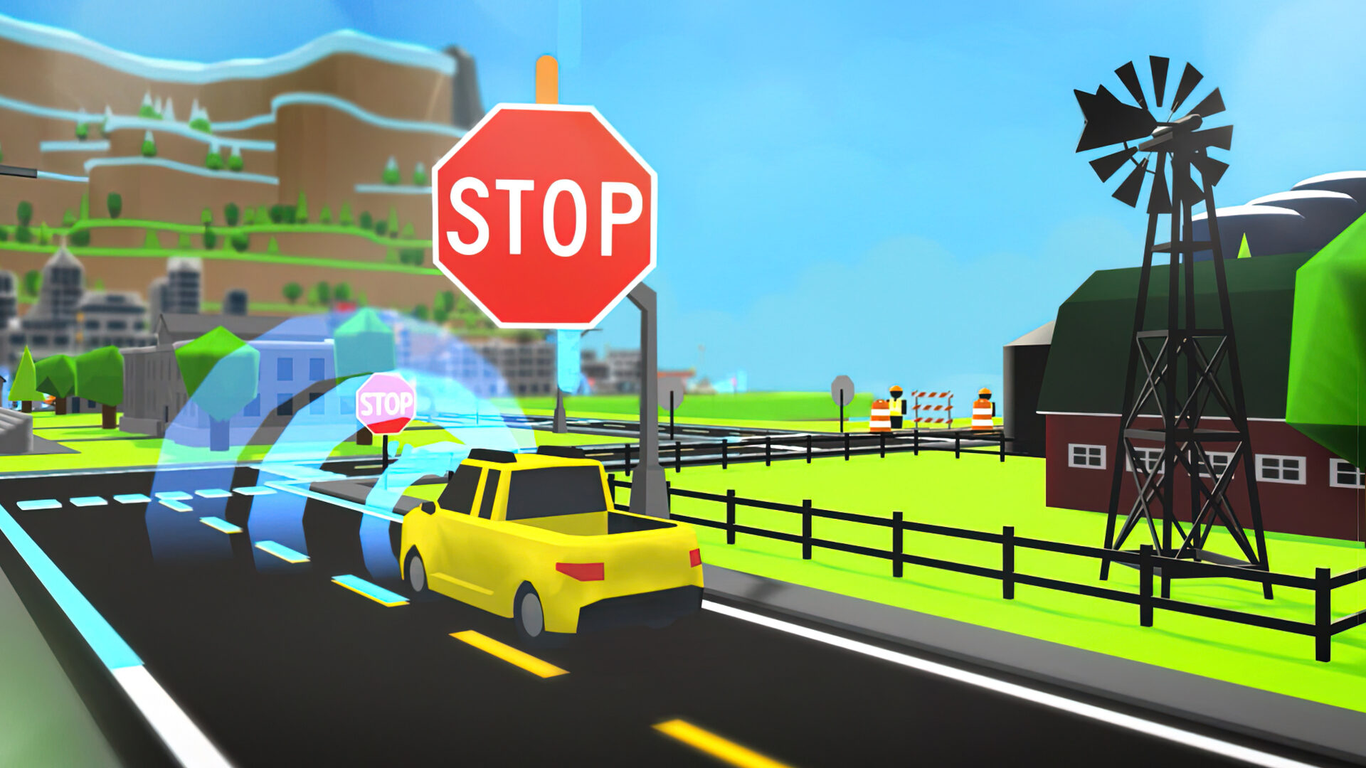 Yellow car stops at red stop sign in rural setting with windmill