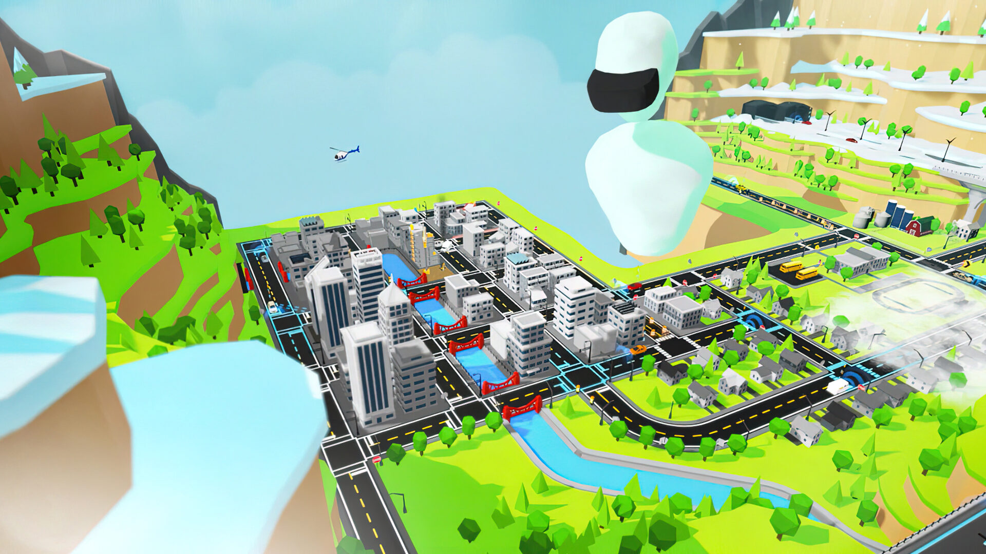 3D cityscape with roads, buildings, and a floating robot