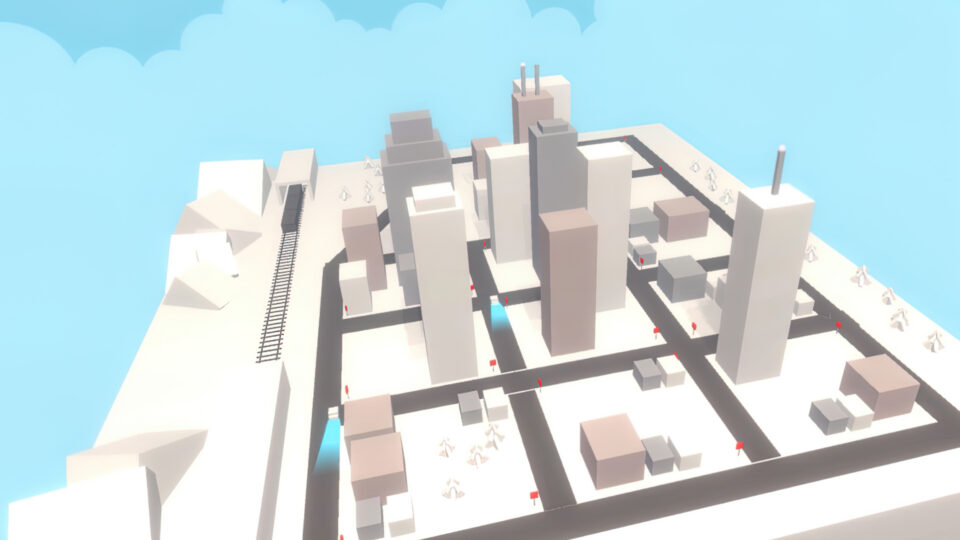 Minimalist cityscape with geometric buildings and pathways under a clear sky.