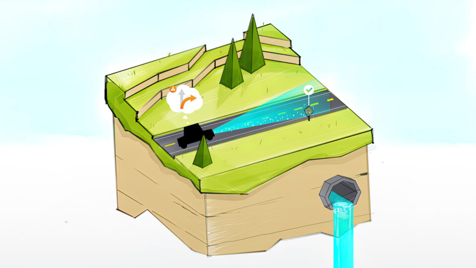 Roadway with water flow and directional arrows on a stylized landscape