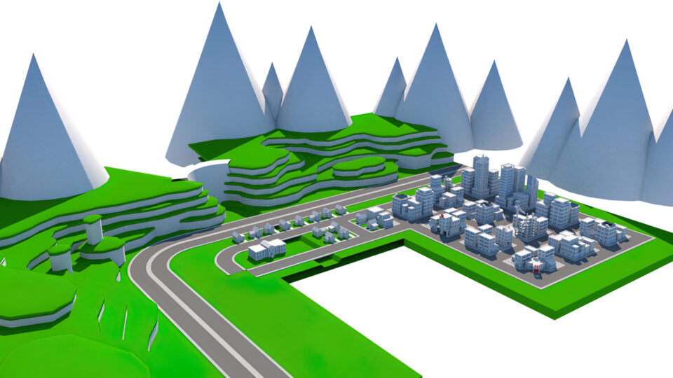 3D model of a city nestled among stylized mountains with roads and buildings.