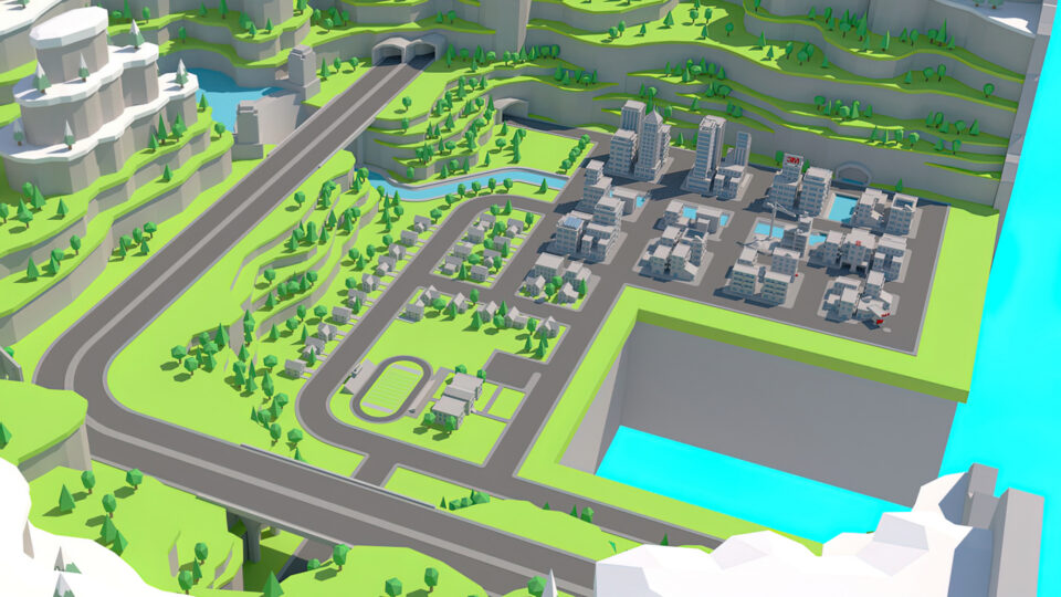 3D cityscape with roads, buildings, and waterways in stylized green and gray tones.
