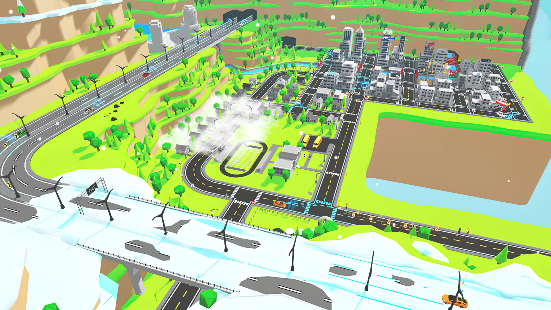 A stylized cityscape with roads, buildings, and green spaces viewed from above.