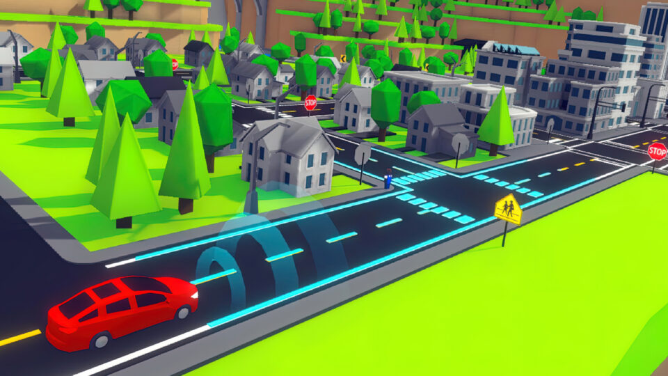 Red car drives on glowing road through stylized city with green trees and buildings.