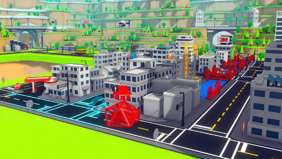3D cityscape with buildings, roads, and green hills, featuring "3M" signage.