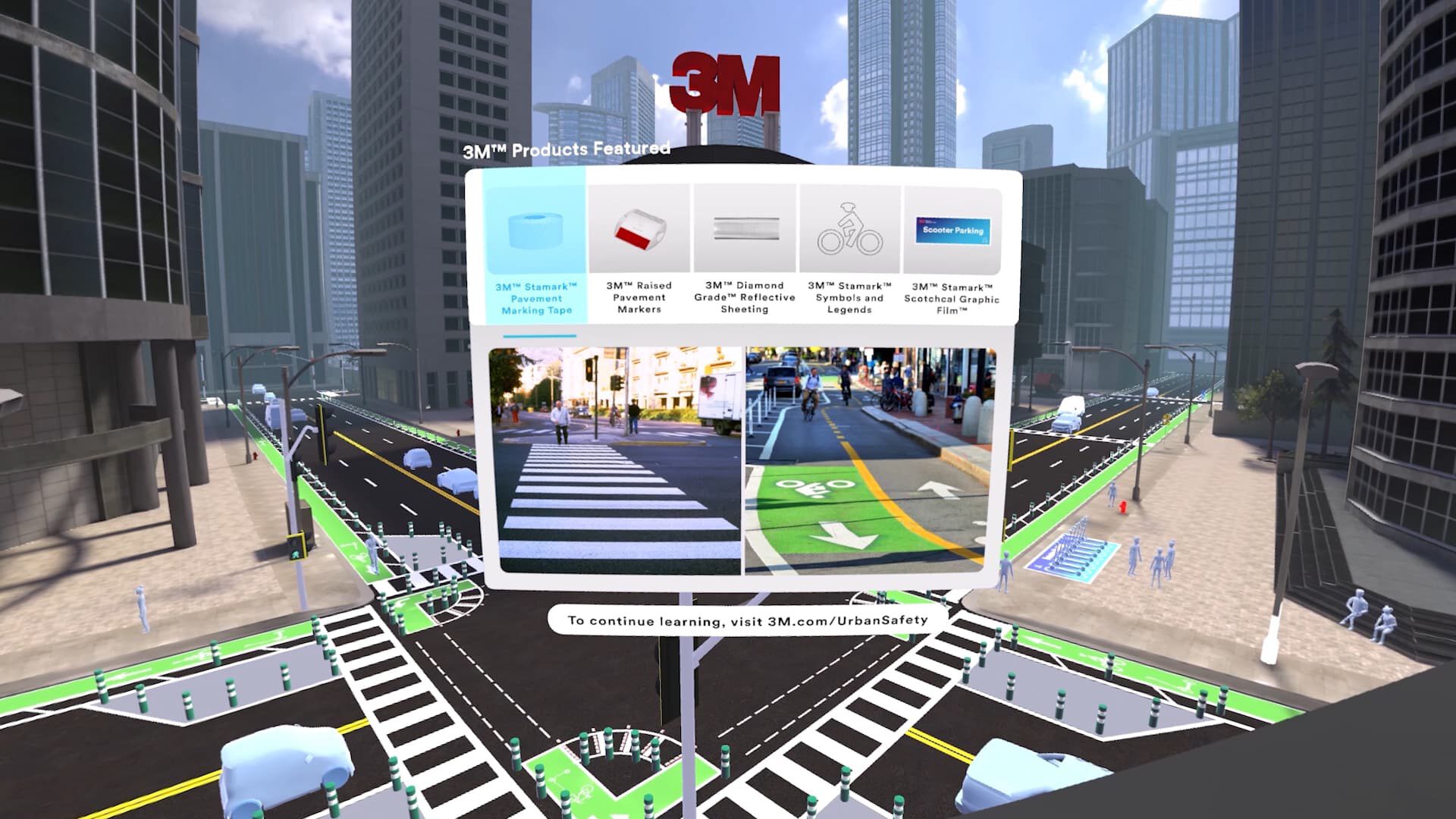 3M urban safety products showcased in a virtual city street scene.