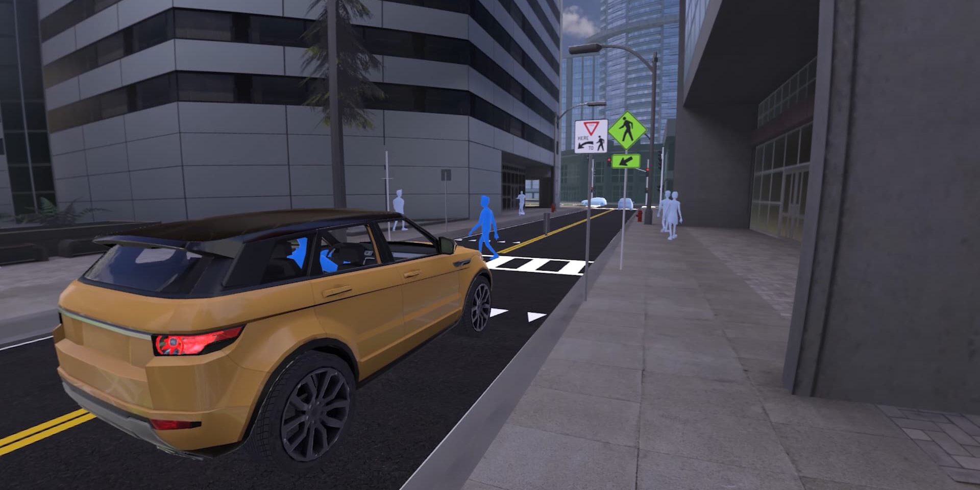 Yellow SUV at crosswalk with pedestrian signals and sidewalk access