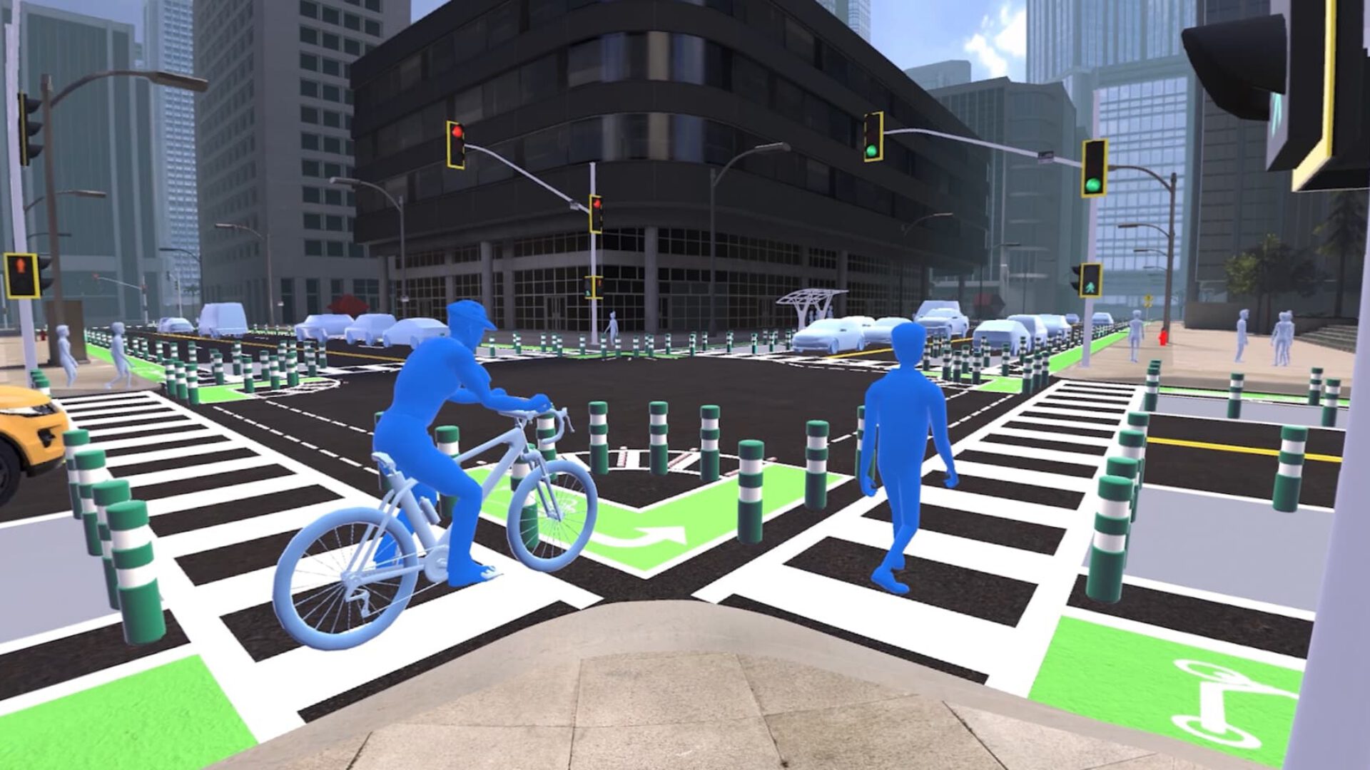 Pedestrian and cyclist crossing accessible urban street with traffic signals and bike lanes.