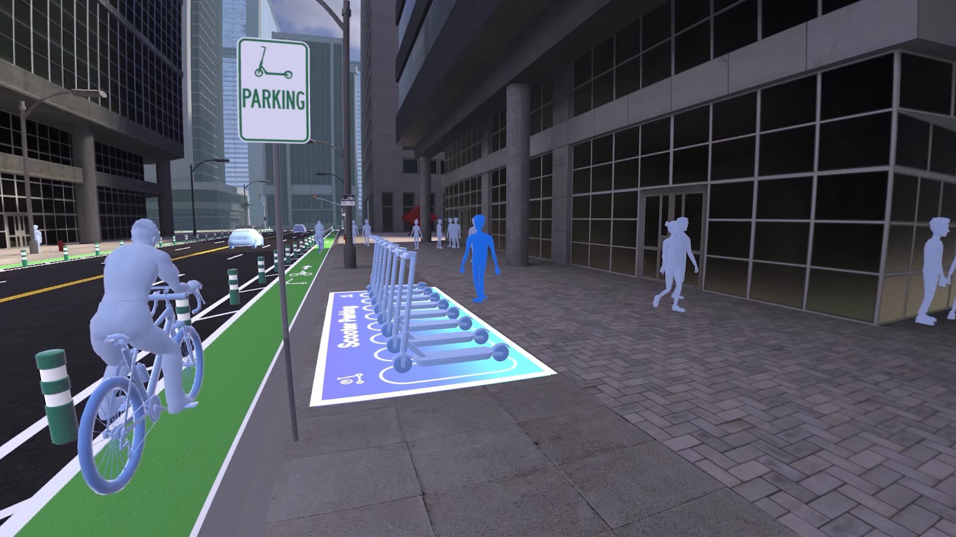 Scooter parking zone with accessible markings and pedestrian pathways