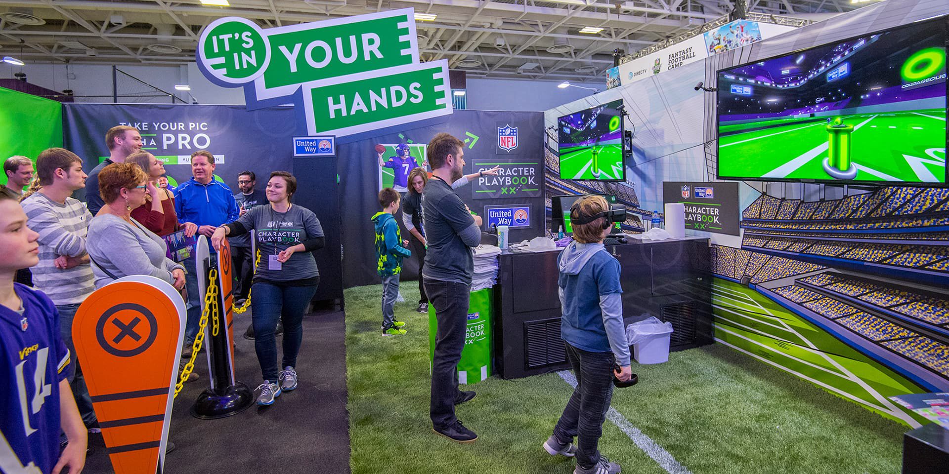 Interactive NFL fan experience with virtual stadium gameplay and hands-on activities.