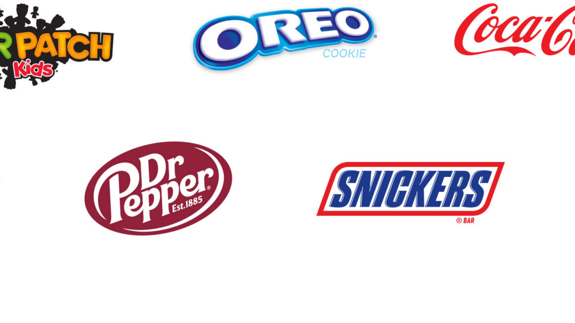 Six iconic snack and beverage logos: Sour Patch Kids, Oreo, Coca-Cola, Reese's, Dr Pepper, Snickers, Frank's RedHot.