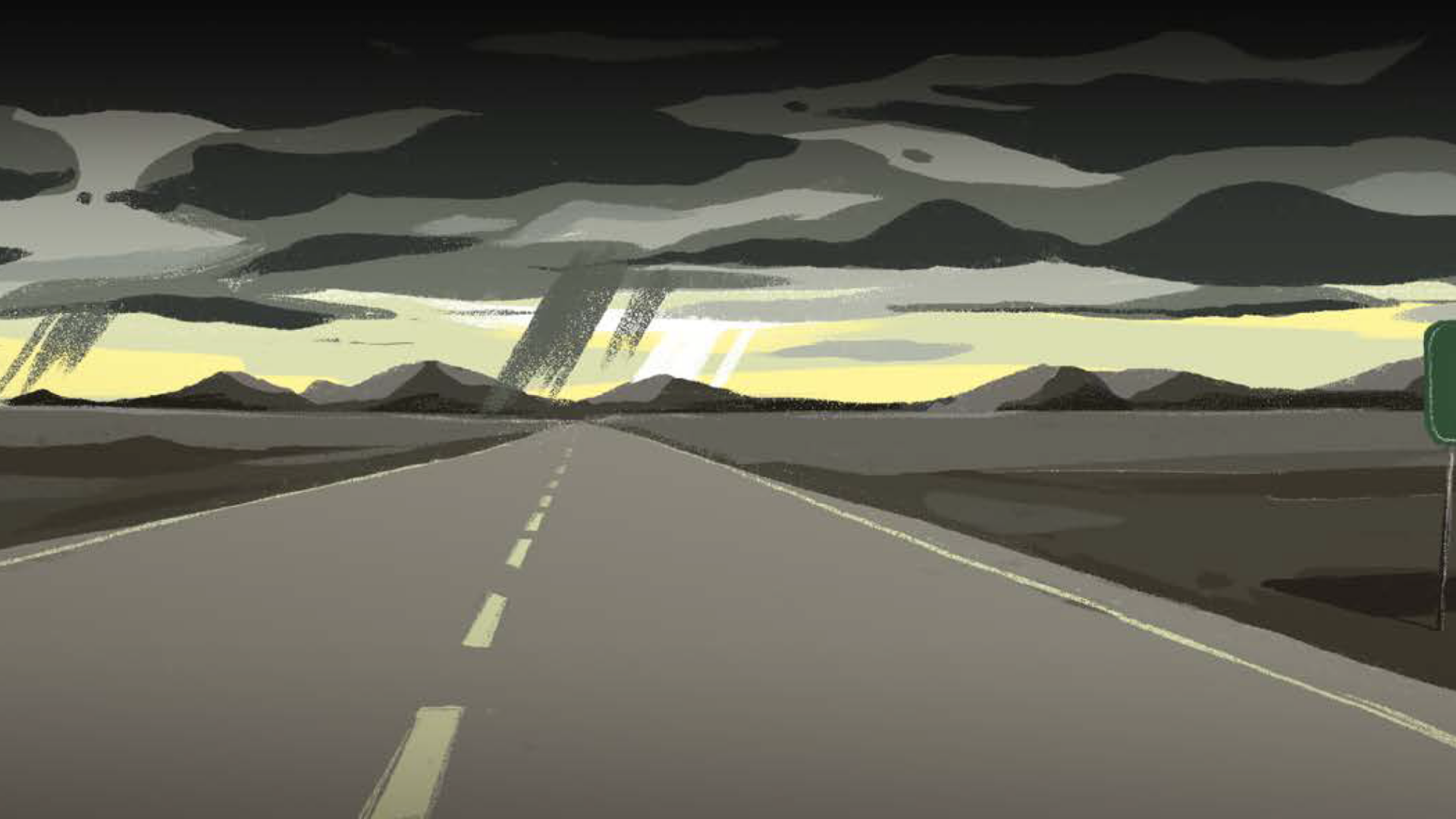 Road sign indicates Las Vegas 20 miles ahead under stormy sky.