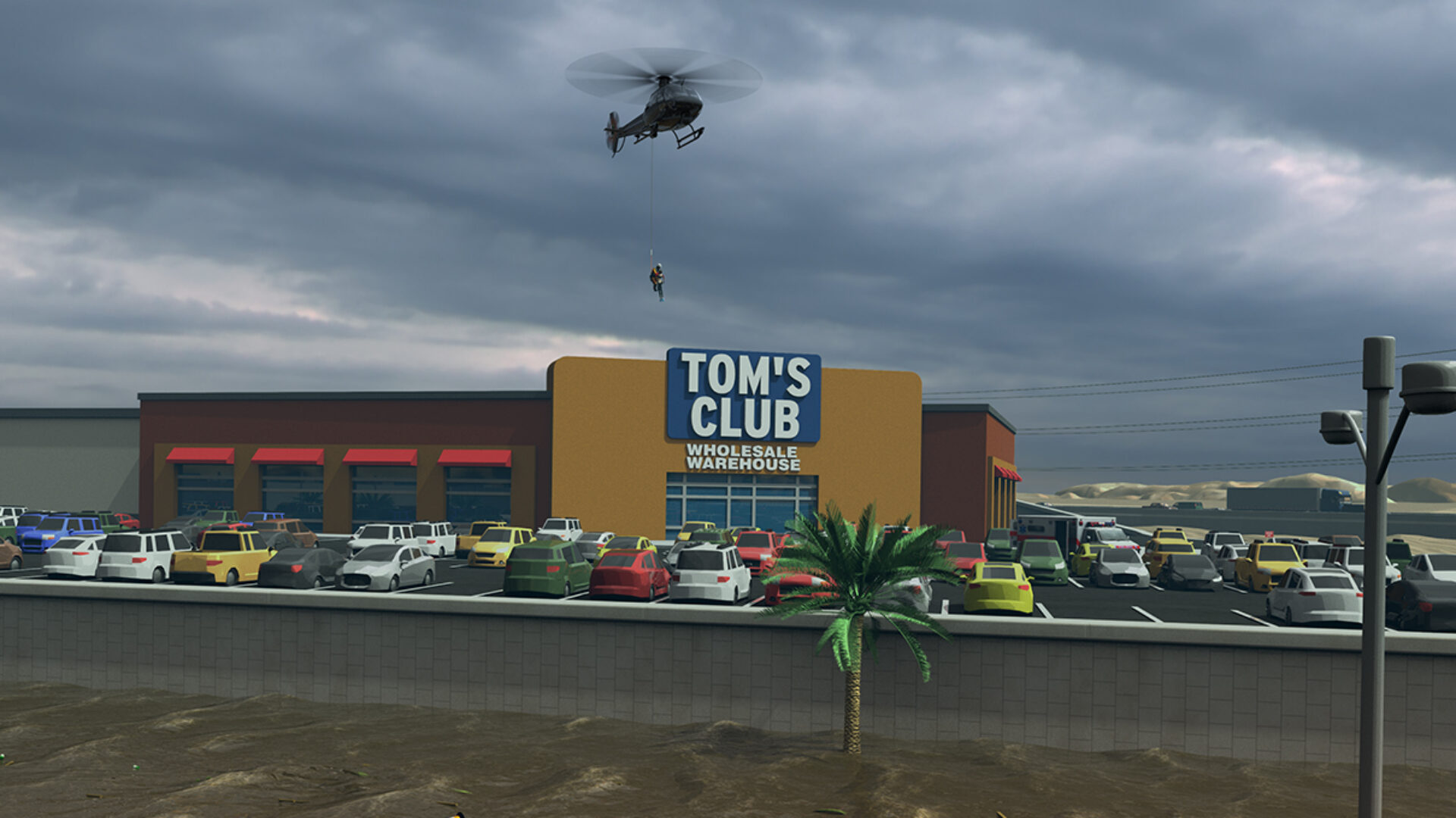 Helicopter flies over crowded Tom's Club warehouse parking lot under cloudy sky.