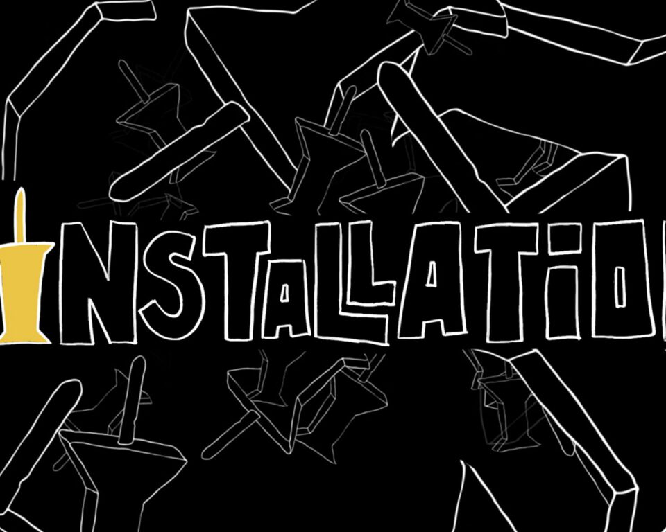 "Pin Installation" logo with a golden pin replacing the 'I', surrounded by white outline pins on black background.