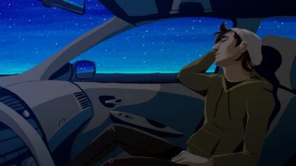 Young man in car, gazing at starry night sky through windshield.
