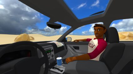 Person drives car through desert with sky visible through sunroof.