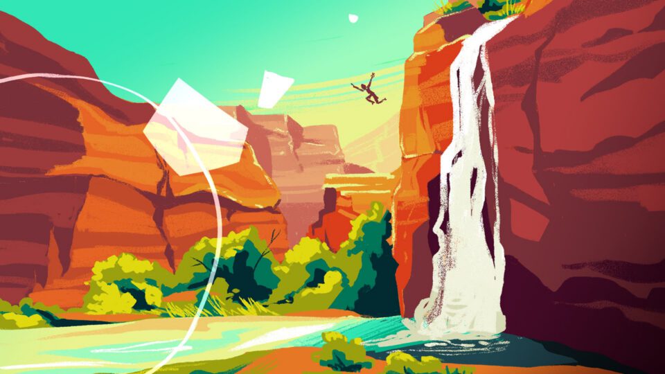 Person bungee jumping from cliff beside waterfall in canyon