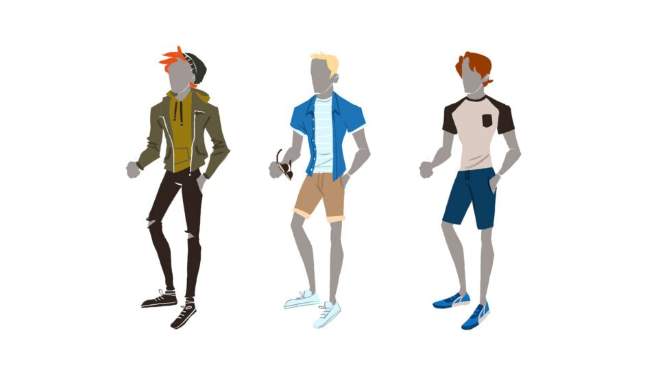 Three stylized male figures in different casual outfits standing side by side.