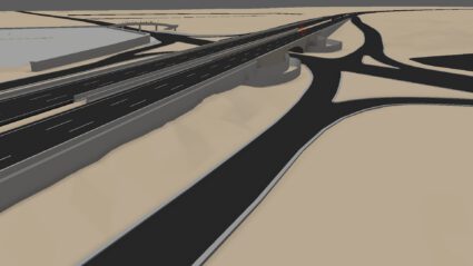 Highway interchange with elevated ramps and multiple roadways in a desert-like setting.