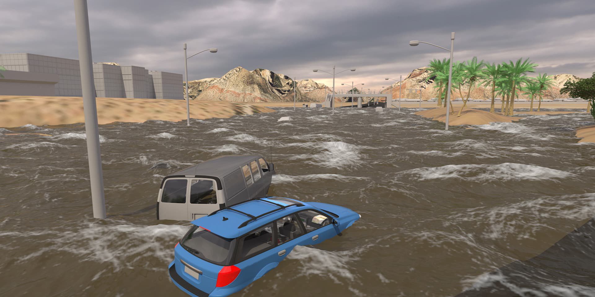 Flooded street with submerged cars and palm trees under stormy sky