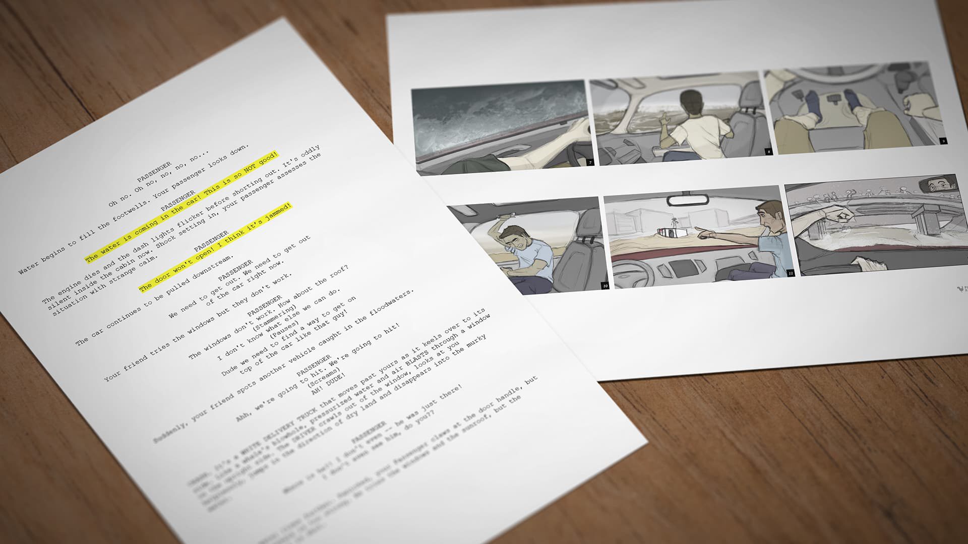 Storyboard with car scenes and script notes on wooden surface