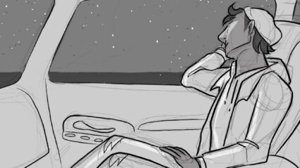 Person resting in car at night, stars visible through window