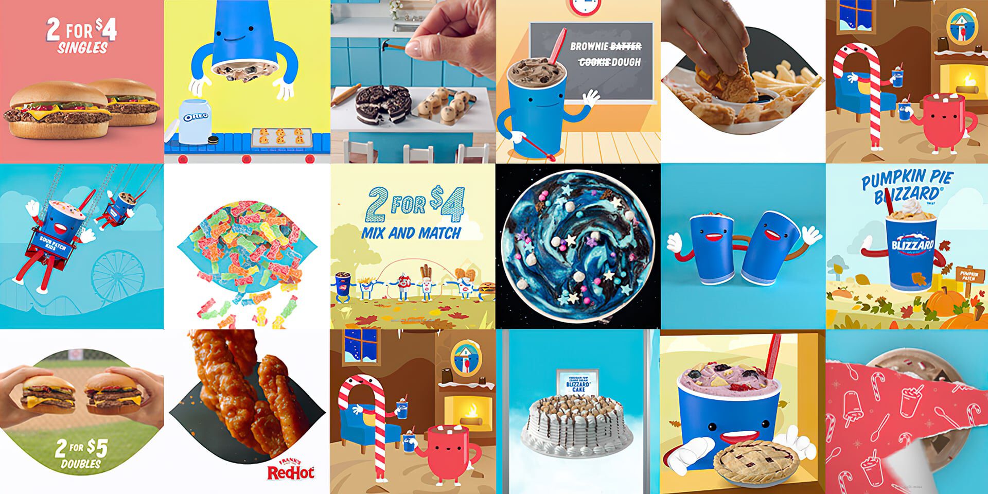 Dairy Queen menu promo collage with 2-for-4 deals, characters, and desserts.