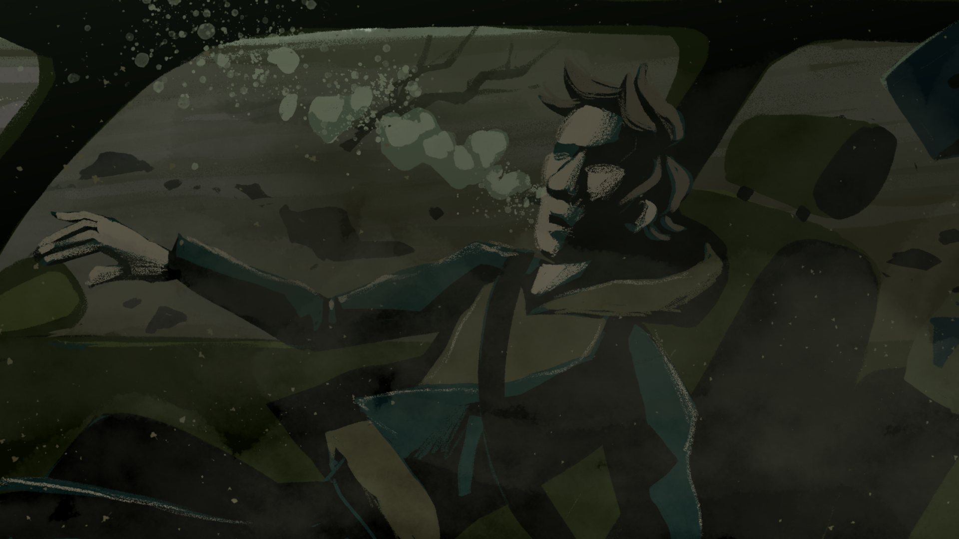 A person in a car, surrounded by debris and dust, with a distressed expression.