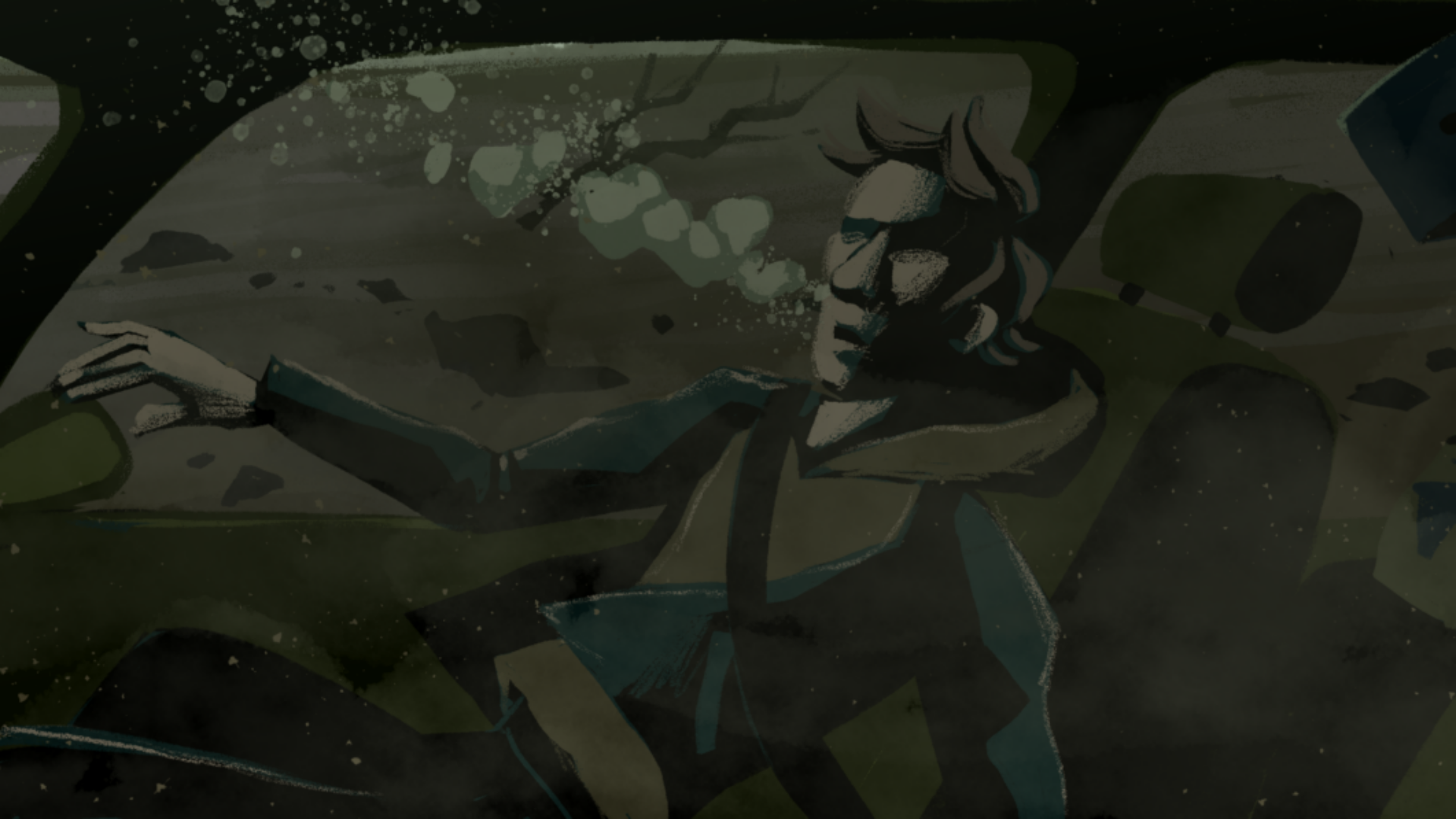 A person in a car, surrounded by debris and dust, with a distressed expression.