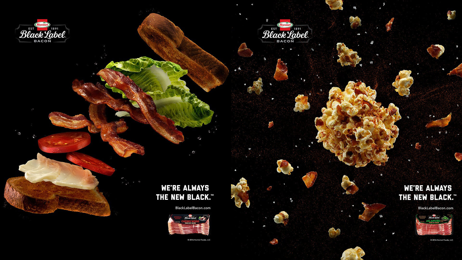 Black Label Bacon ad showing bacon on toast and popcorn with slogan "We're Always the New Black"