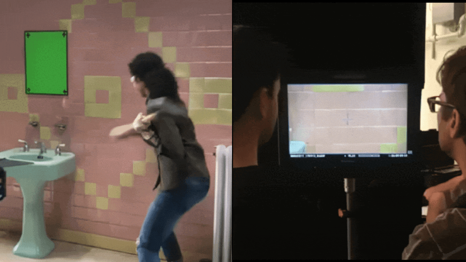 Person miming actions in front of green screen; camera crew monitors live feed.