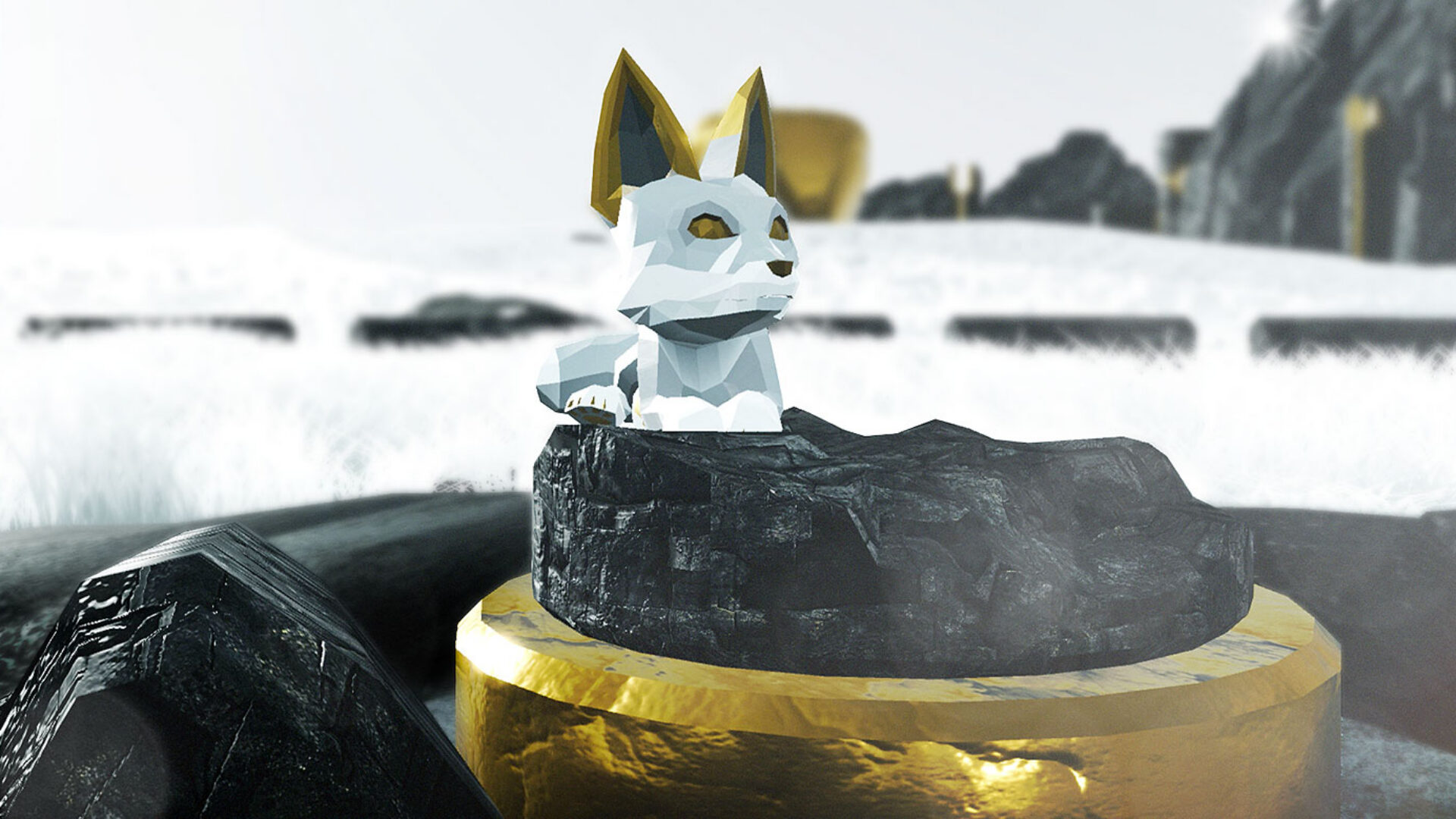 White fox statue with gold ears on a golden pedestal in snowy landscape