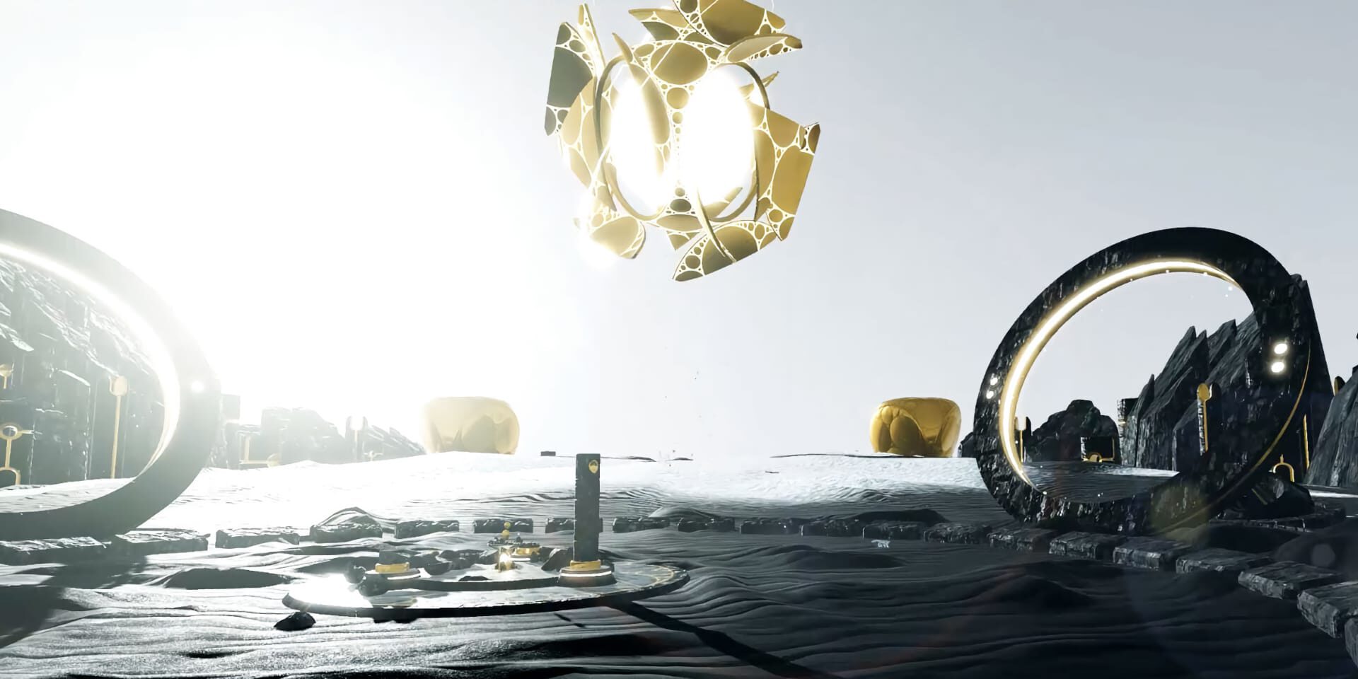 Futuristic golden orb floats above alien landscape with glowing rings