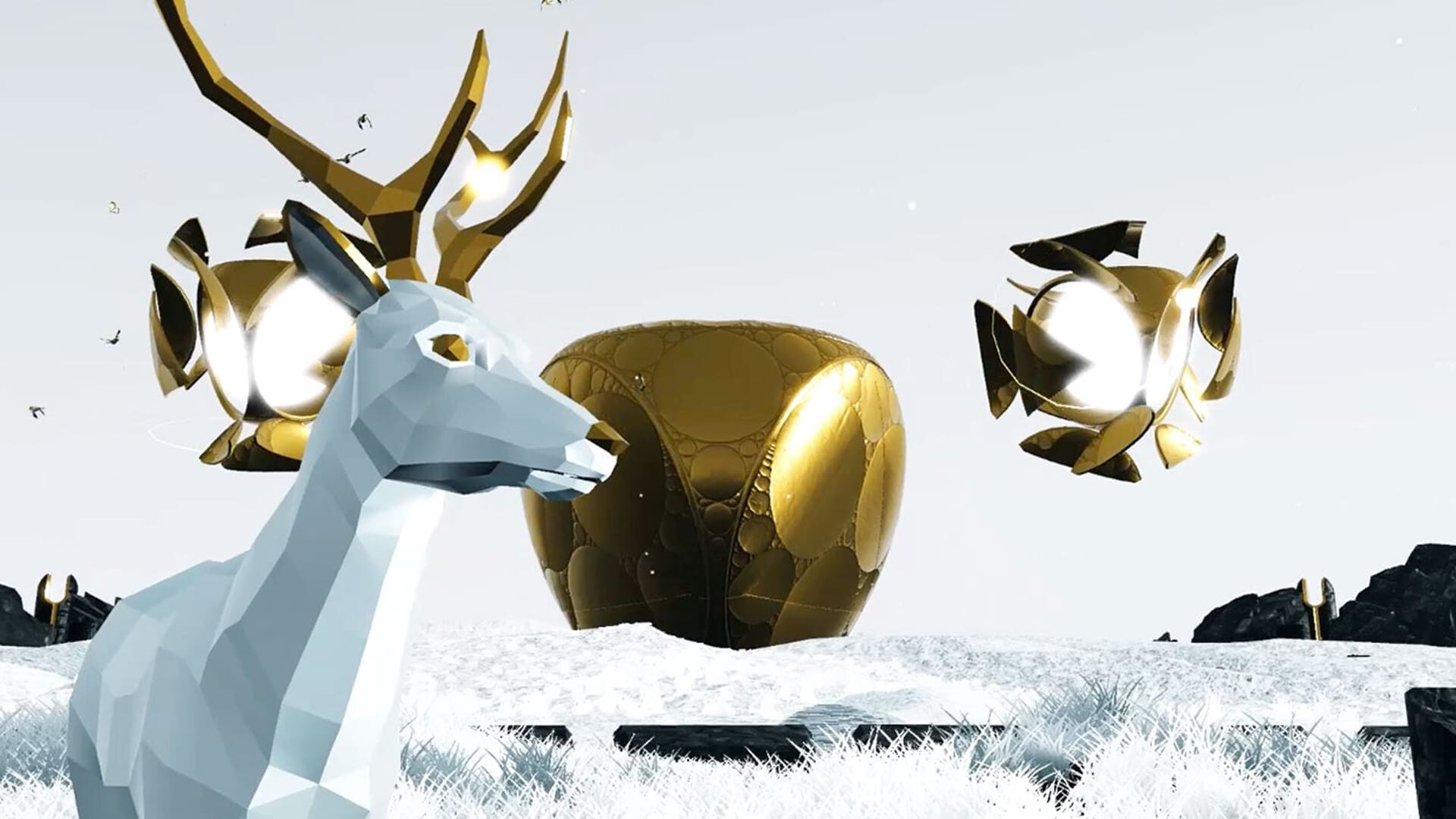 Low-poly deer with golden antlers stands beside glowing golden orbs in snowy landscape.