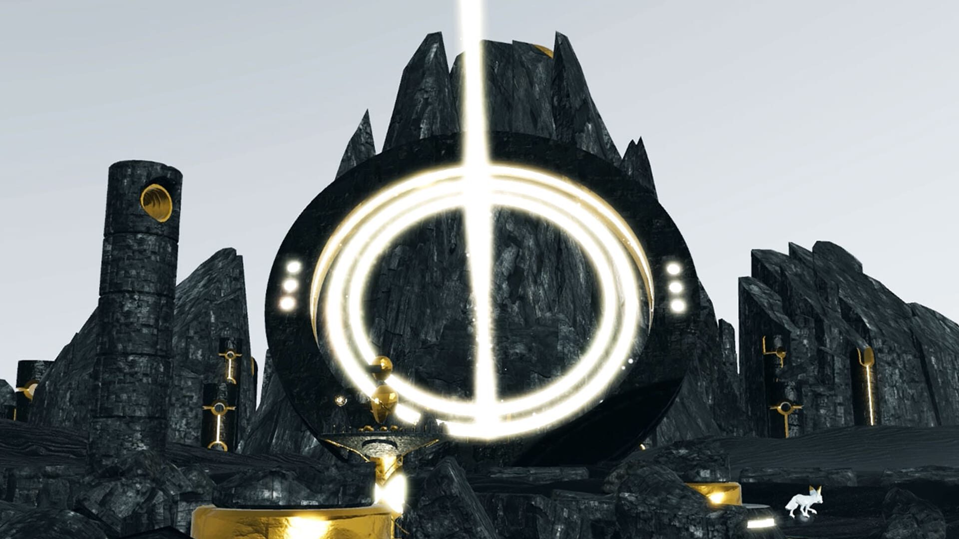 Futuristic glowing ring structure in dark rocky landscape with golden accents