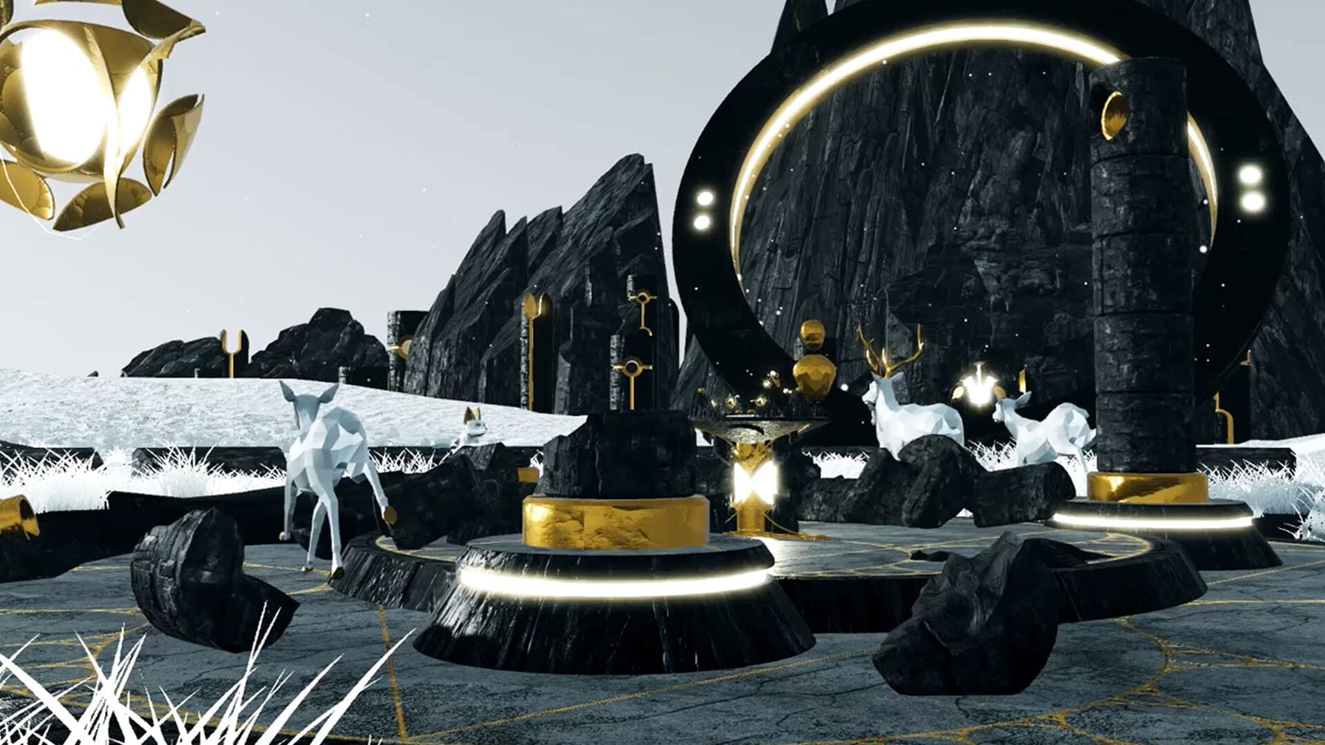 Futuristic sci-fi scene with glowing golden structures, white deer, and dark rocky terrain.