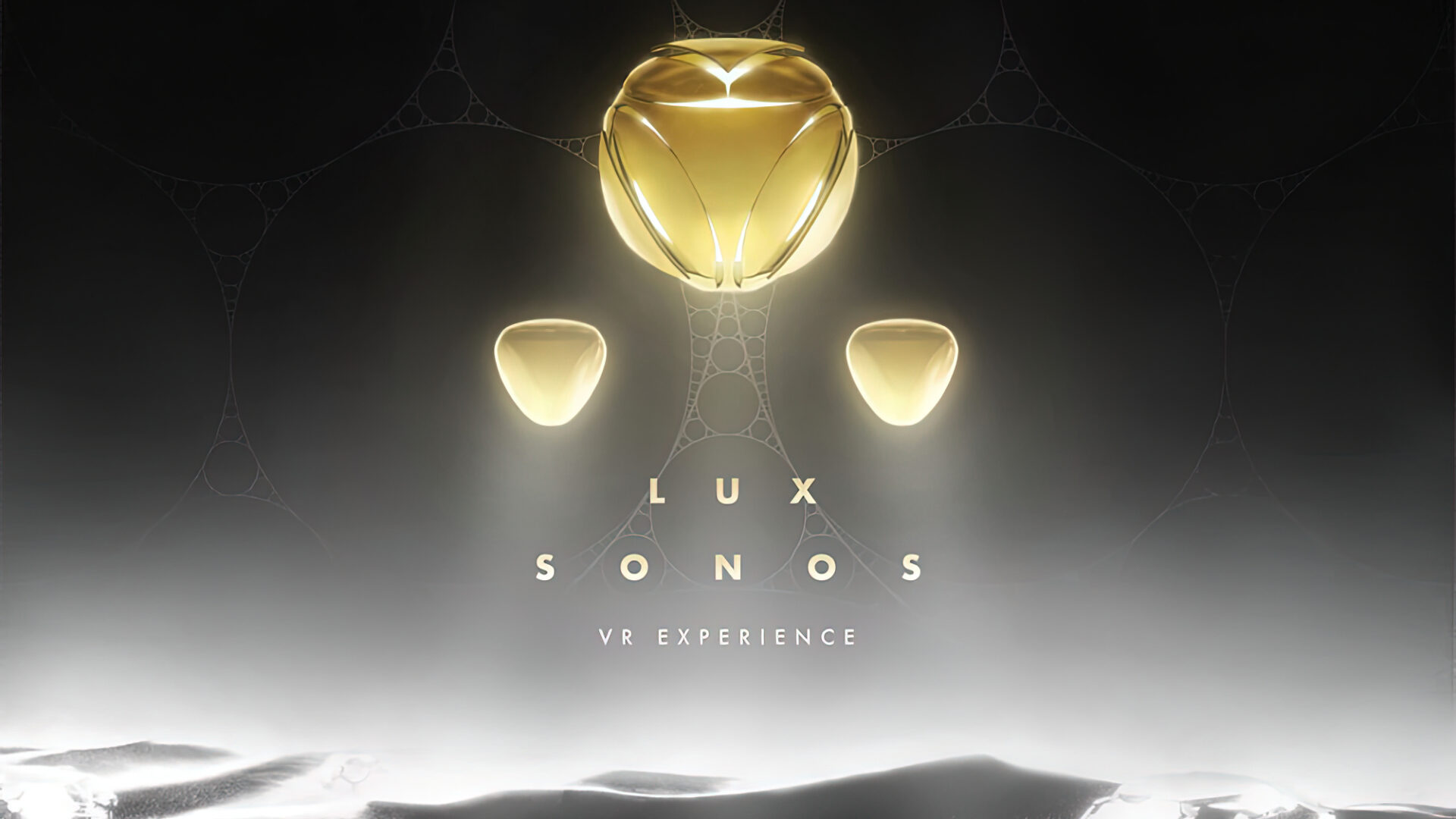 Golden VR experience titled "Lux Sonos" with floating orbs over a glowing landscape