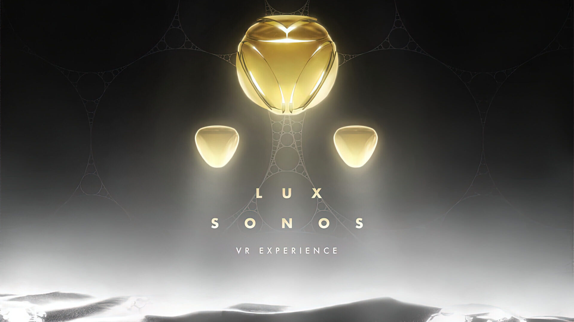 Golden VR experience titled "Lux Sonos" with floating orbs over a glowing landscape