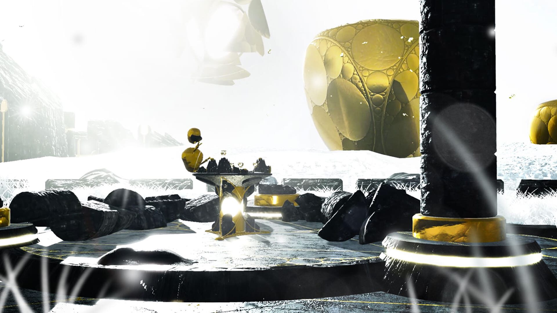 Futuristic scene with golden structures, black pillars, and a small figure in a snowy landscape.