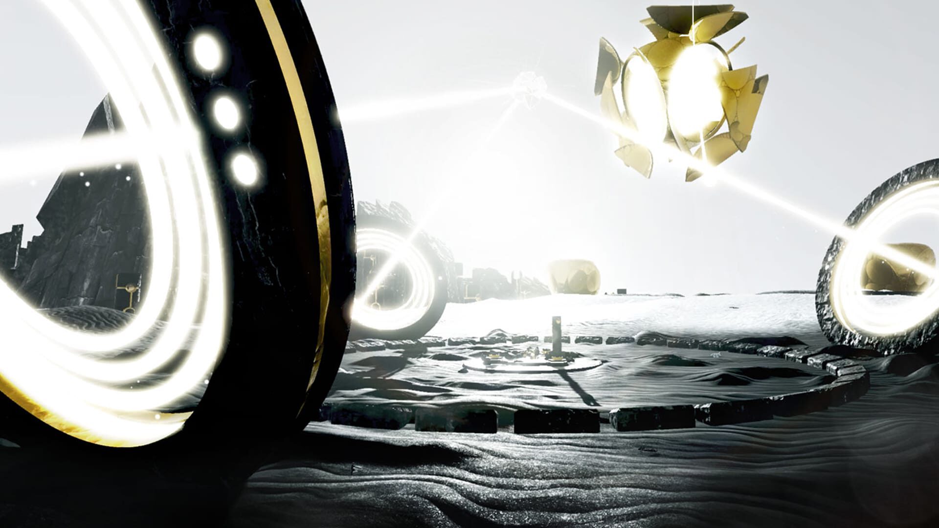 Futuristic scene with glowing rings and floating golden orb on rocky terrain